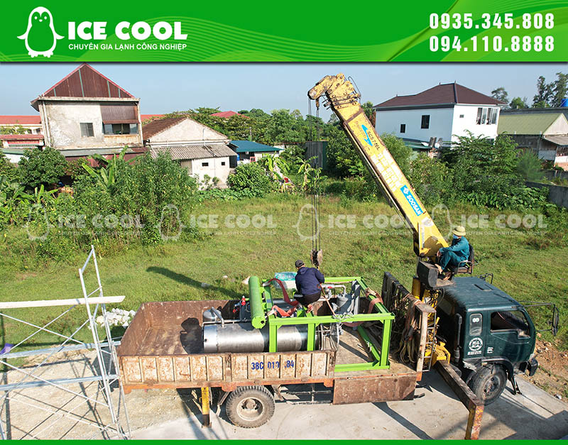 The forklift system puts the ice production equipment in place to be installed
